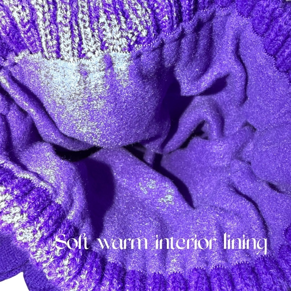 Girls Purple Sequin Beanie Hat and Gloves Set with Pom Pom Size 4-5T - Picture 7 of 8